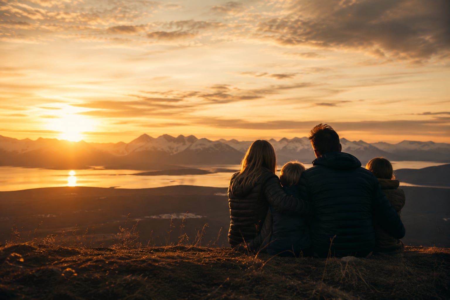 An Alaskan family watching the sunset together