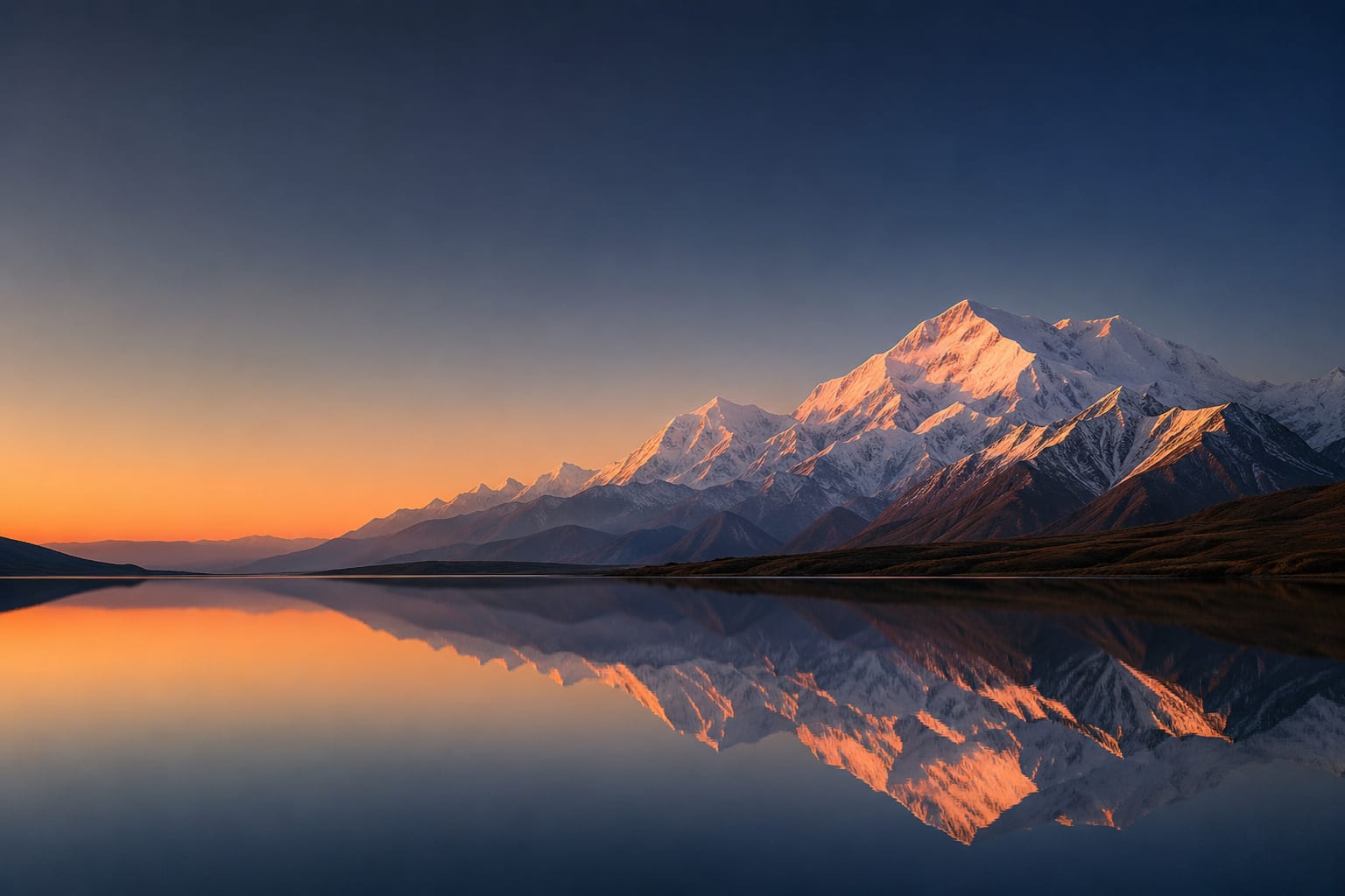 Denali reflected in still Alaskan waters at dawn