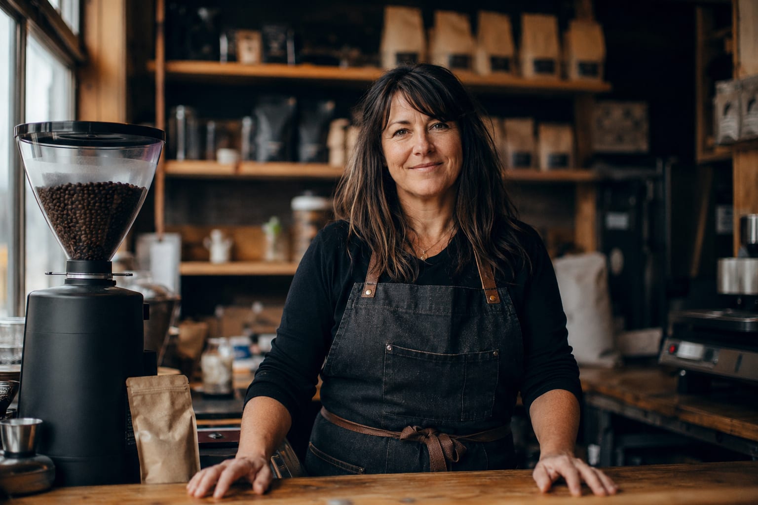 An Alaskan small-business owner behind the counter of their shop